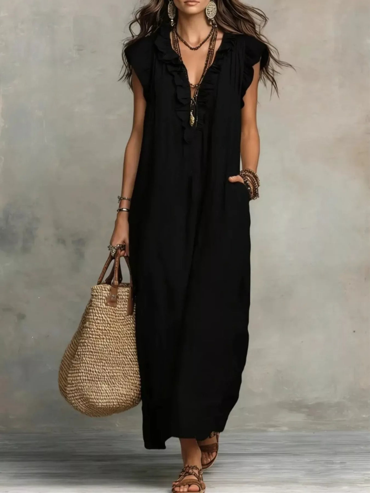 Full Size Ruffled V-Neck Cap Sleeve Maxi Dress Plus Size - Lilixa.store