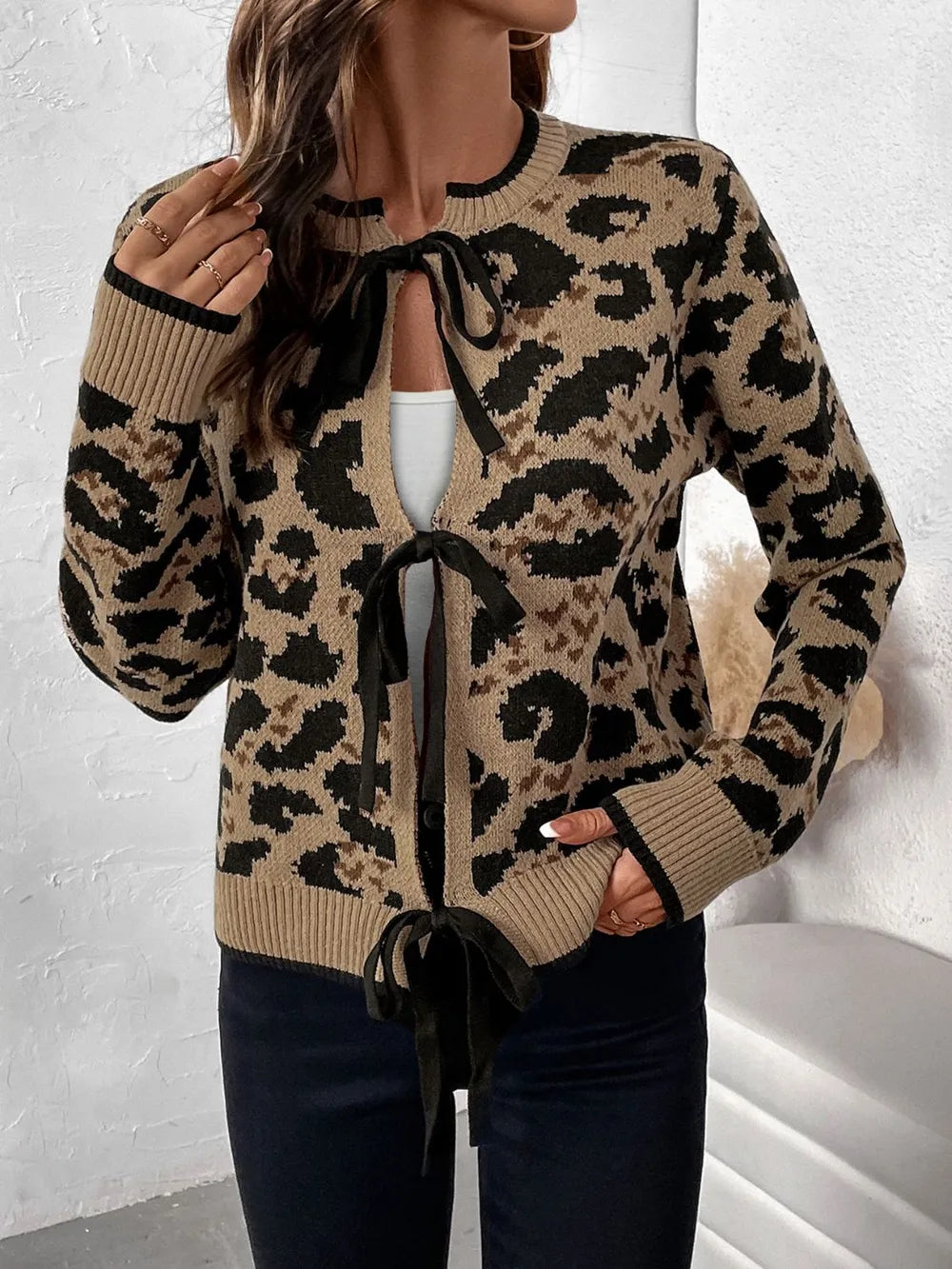 Perfee Tied Leopard Long Sleeve Cardigan in Tan