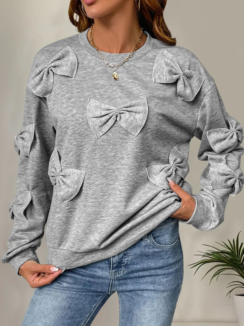 Perfee Bow Round Neck Long Sleeve Sweatshirt - Lilixa.store