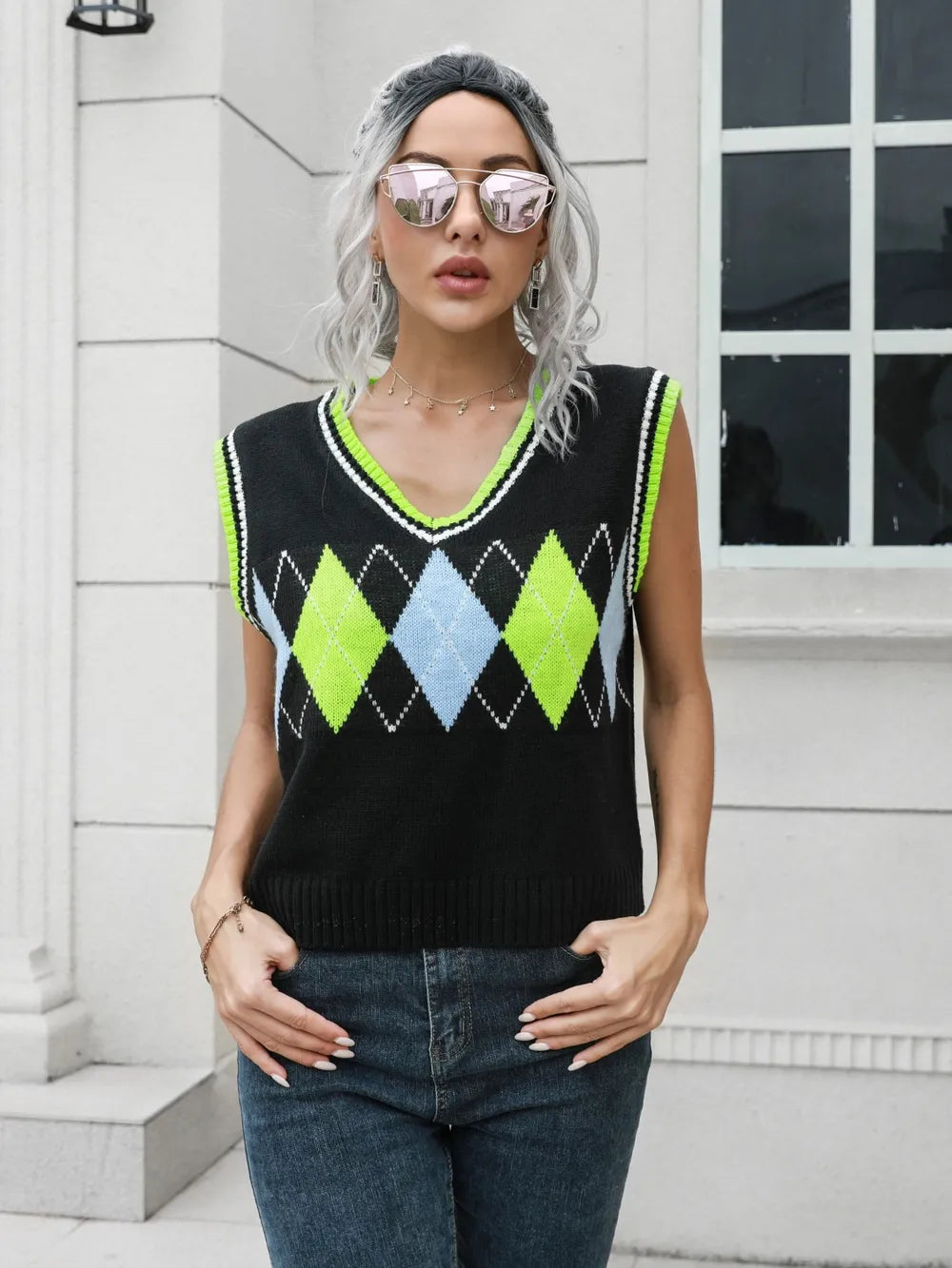 Geometric V-Neck Sweater Vest, view 3