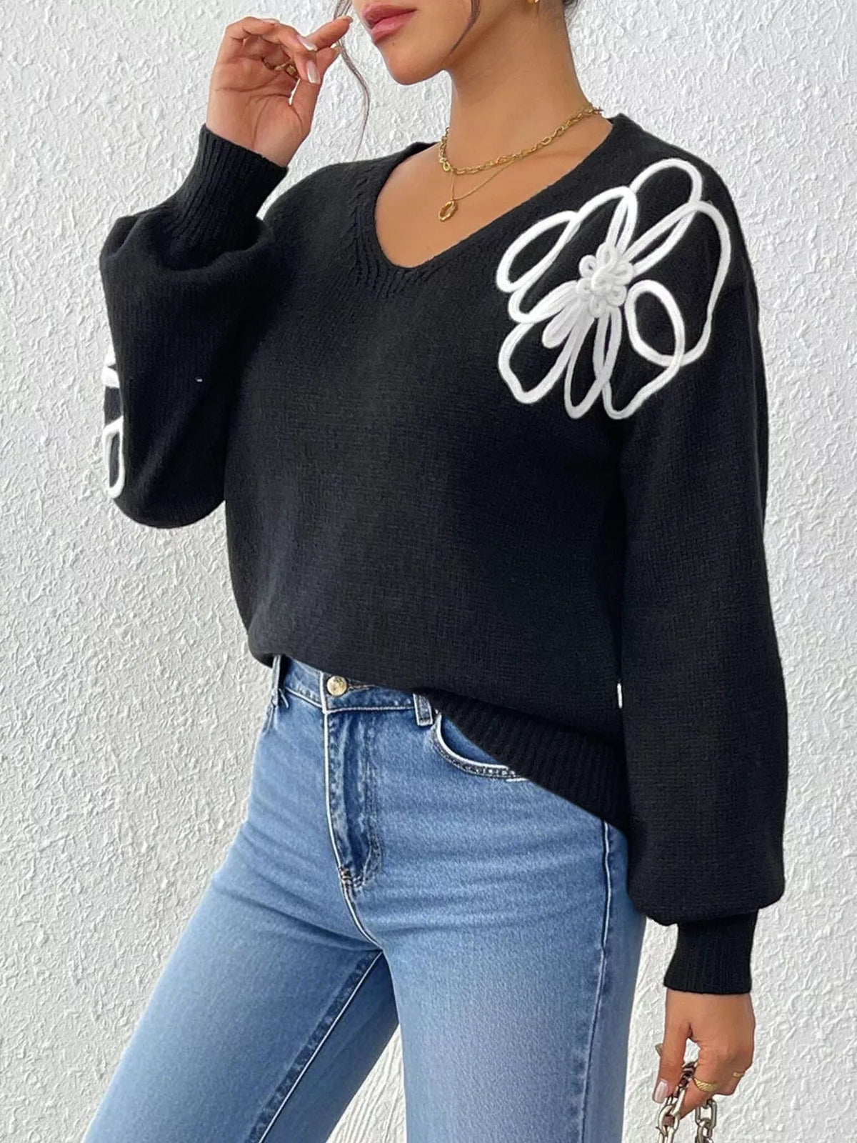 Flower V-Neck Dropped Shoulder Sweater
