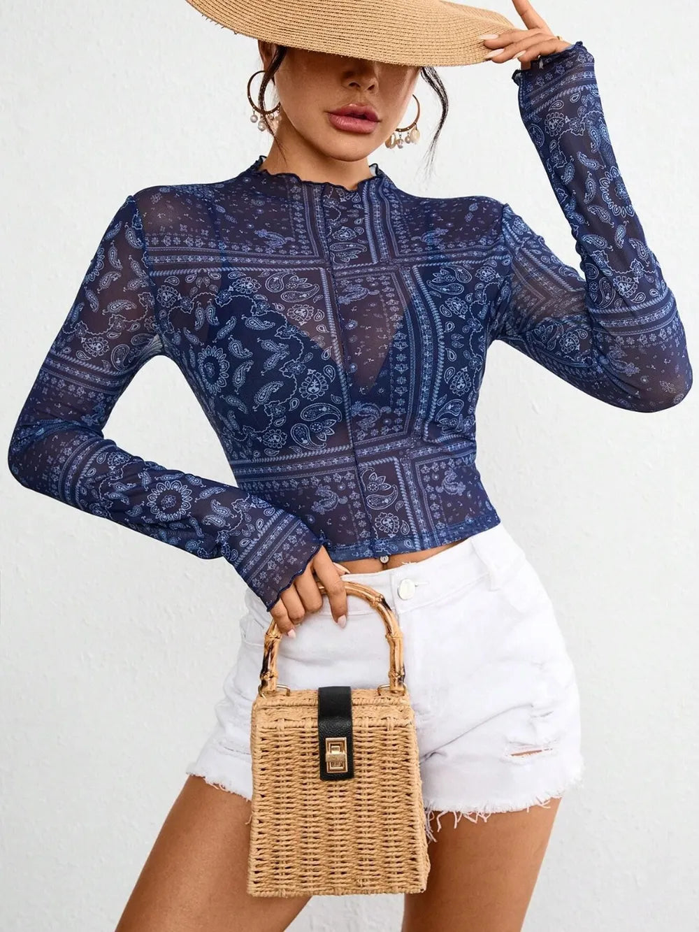 Paisley Mock Neck Long Sleeve Sheer Top - Lilixa.store