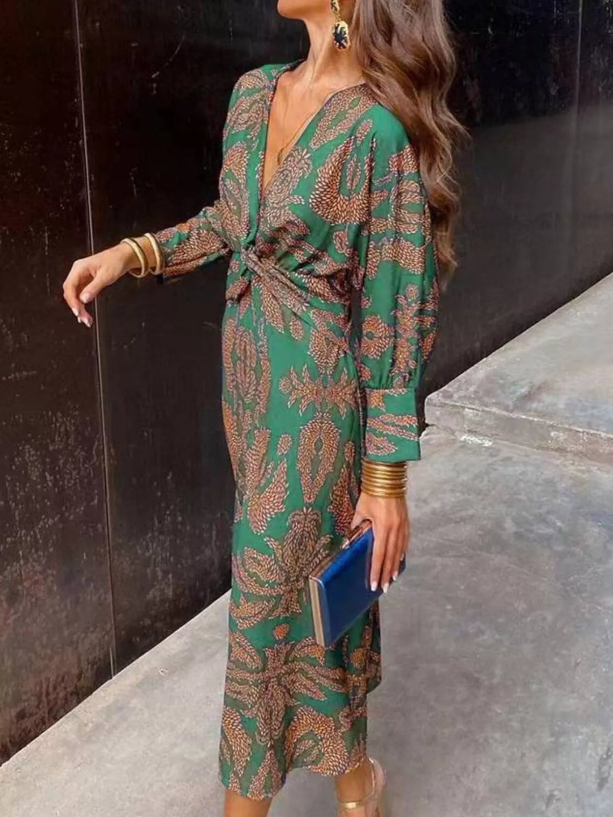 Full Size Printed V-Neck Long Sleeve Twisted Midi Dress Plus Size in Dark Green