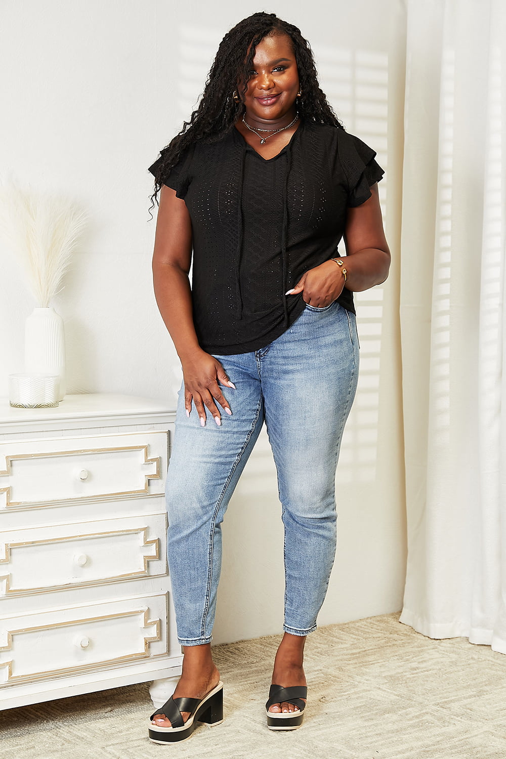 Mandy Eyelet Tie-Neck Flutter Sleeve Blouse in Black, view 8