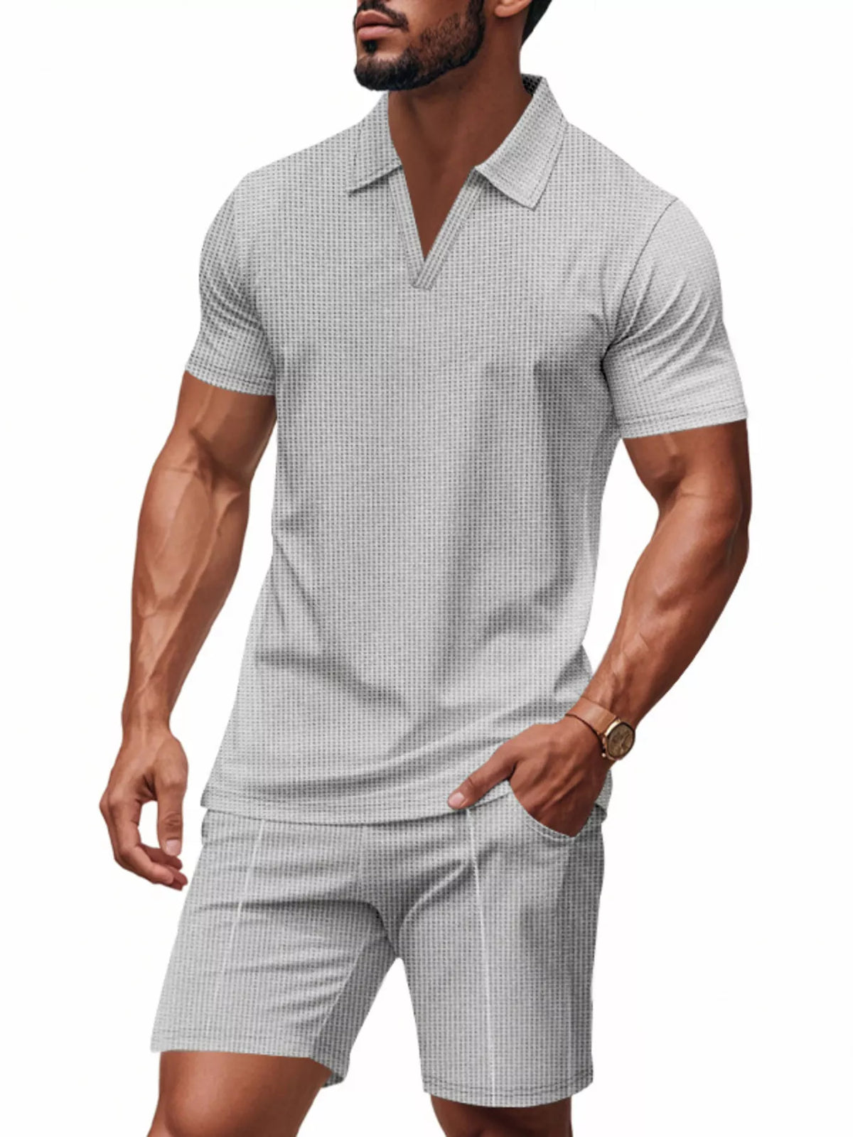 Men's Full Size Textured Short Sleeve Polo and Shorts Set Plus Size - Lilixa.store