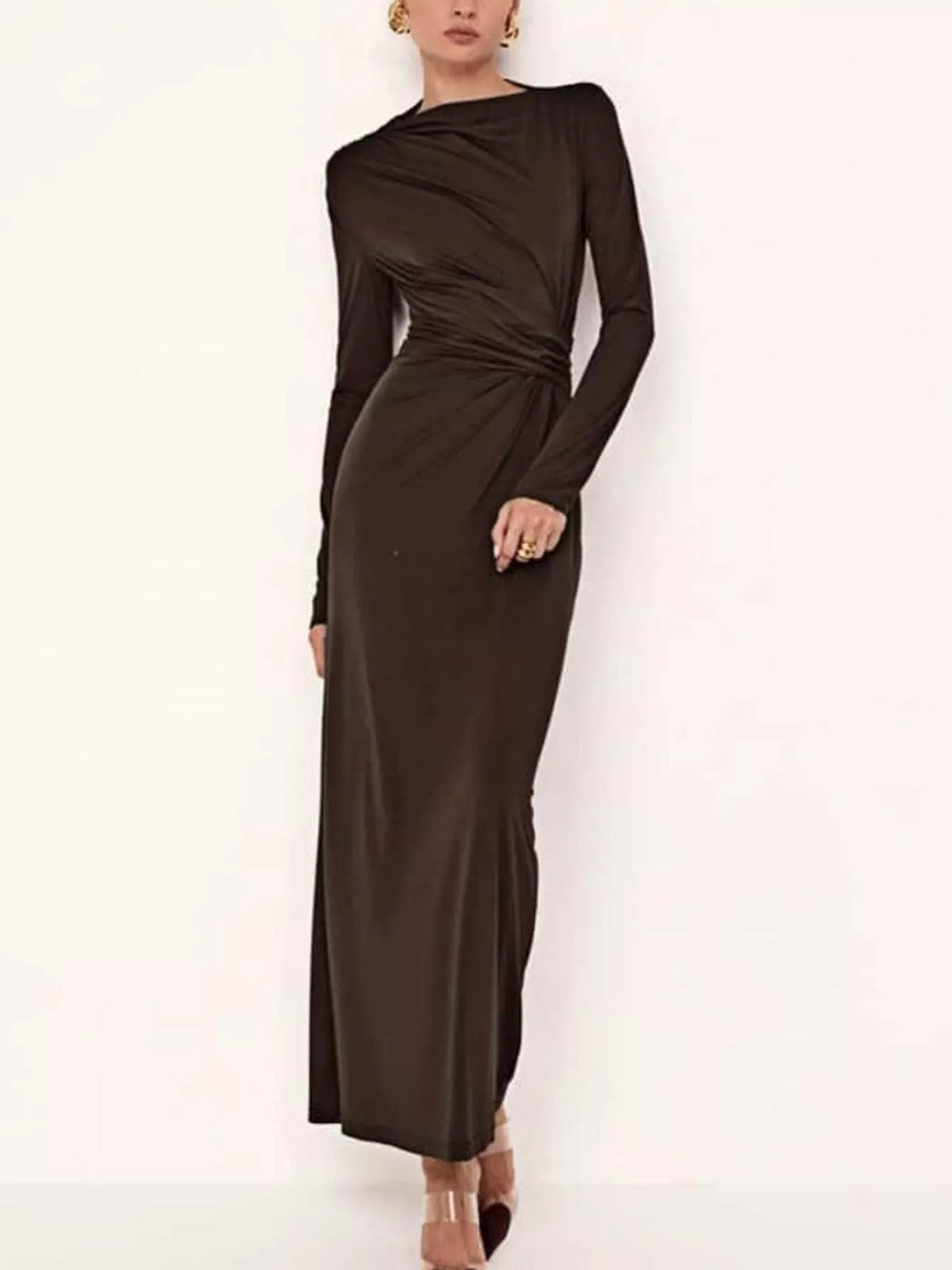 Ruched Long Sleeve Bodycon Maxi Dress in Brown