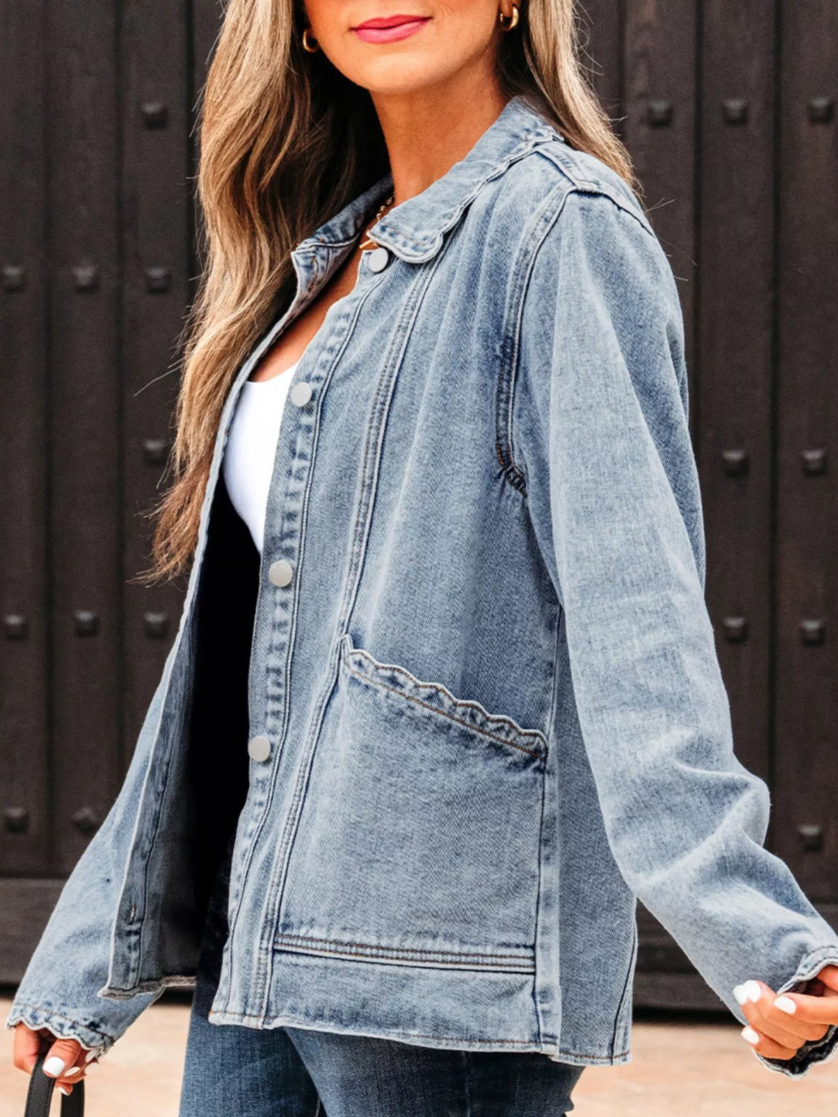 Scallop Trim Collar Patched Pocket Button Up Denim Jacket, view 4