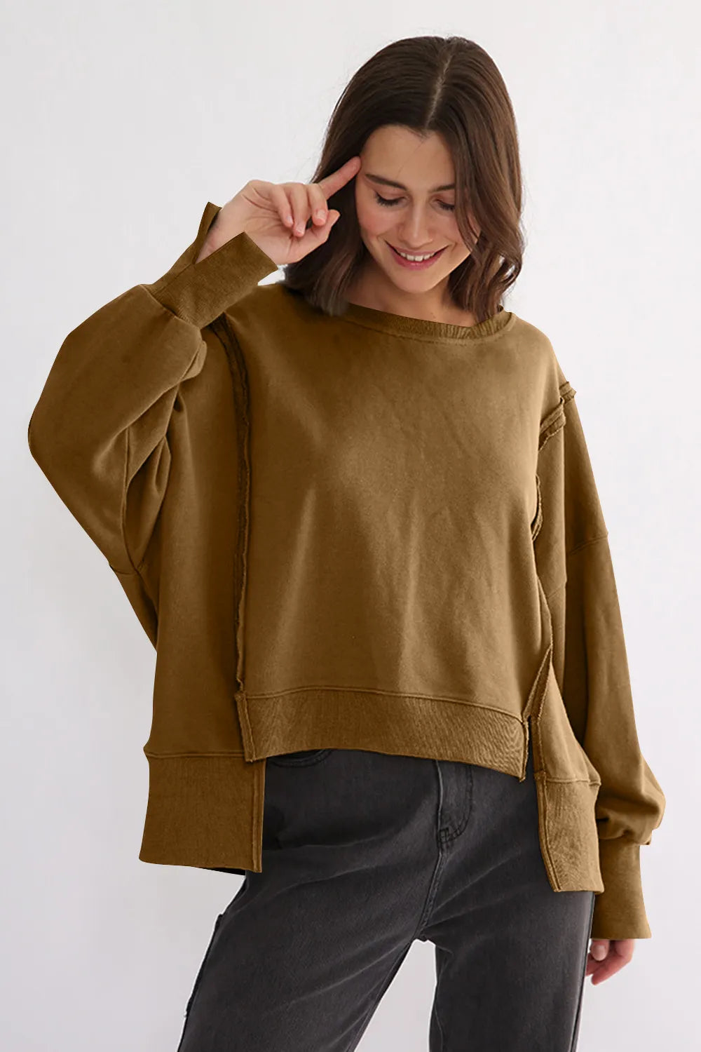 Exposed Seam High-Low Long Sleeve Sweatshirt - Lilixa.store