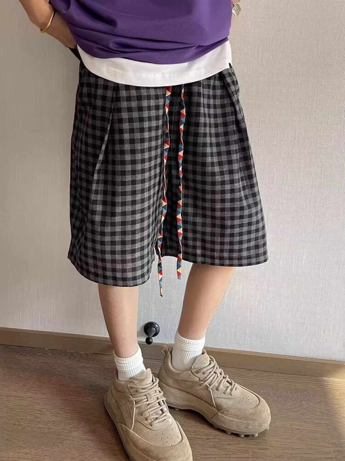 Men's Plus Size Plaid Drawstring Casual Shorts in Dark Gray