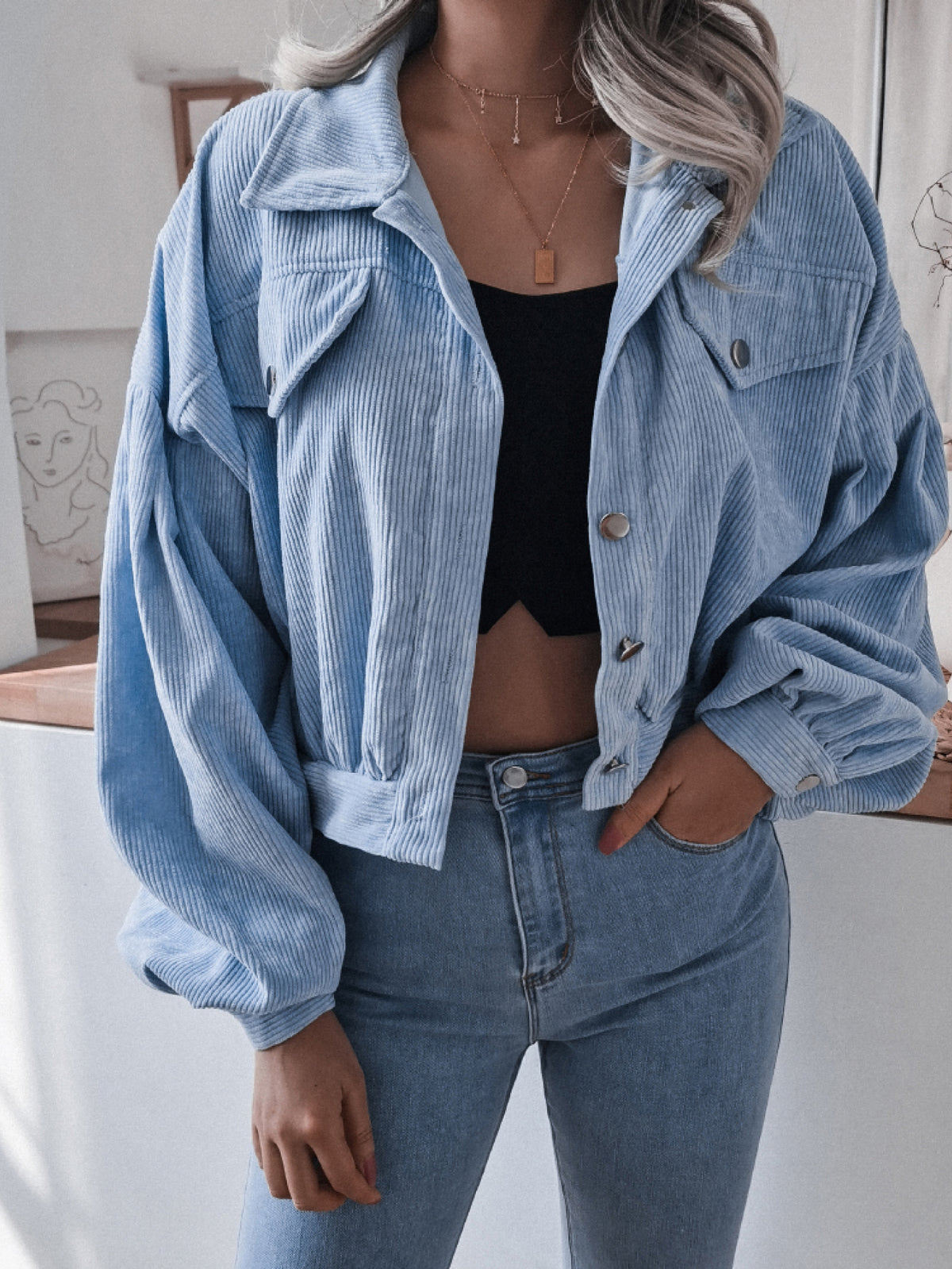 Lantern Sleeve Cropped Corduroy Jacket, view 3
