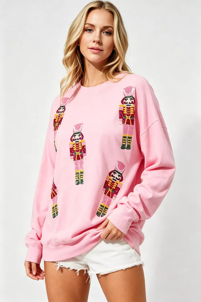 Double Take Oversized Sequin Nutcracker Long Sleeve Crewneck Sweatshirt - Lilixa.store