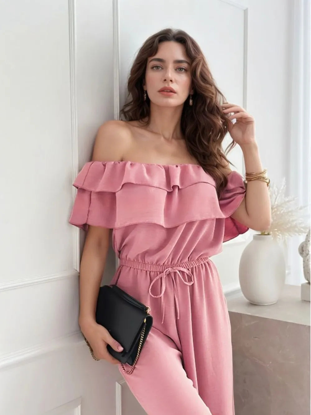 Ruffled Off  Shoulder Wide Leg Jumpsuit - Lilixa.store