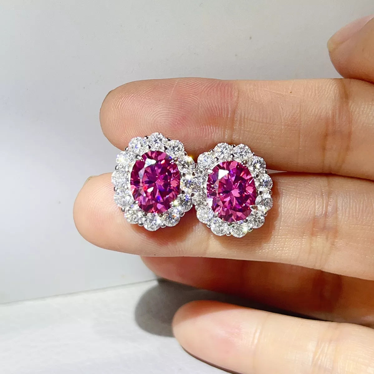6 Carat 925 Sterling Silver Moissanite Stud Earrings in Hot Pink, view 4