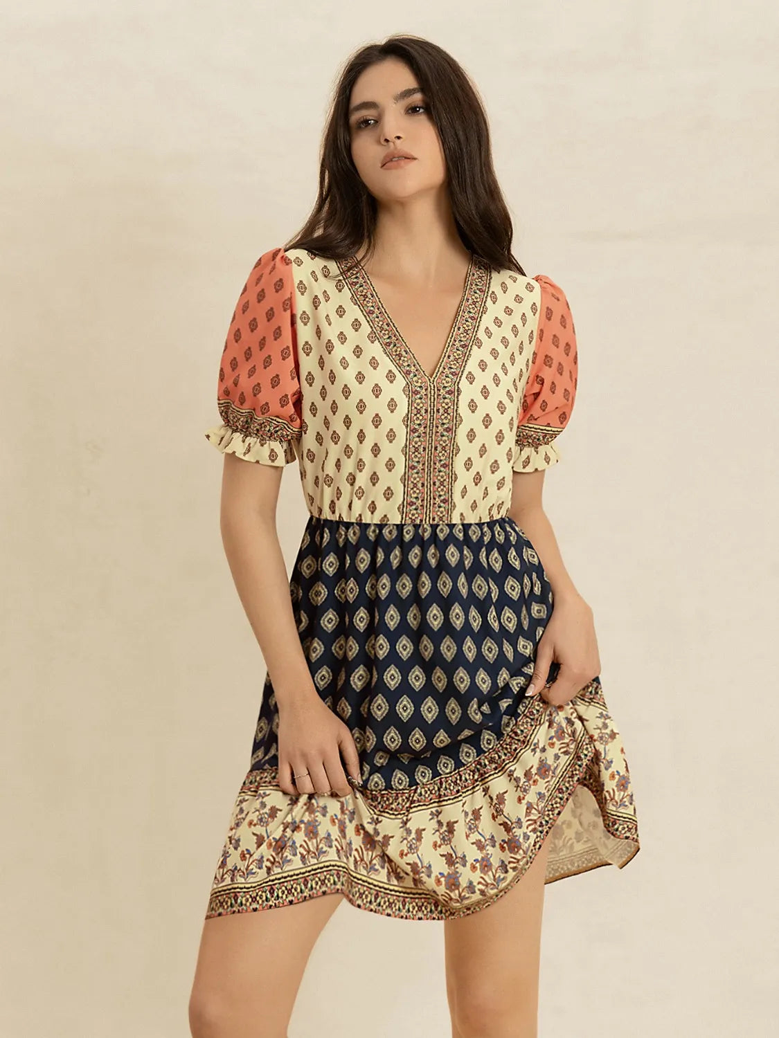 Printed V-Neck Short Sleeve Dress in Tan, view 3
