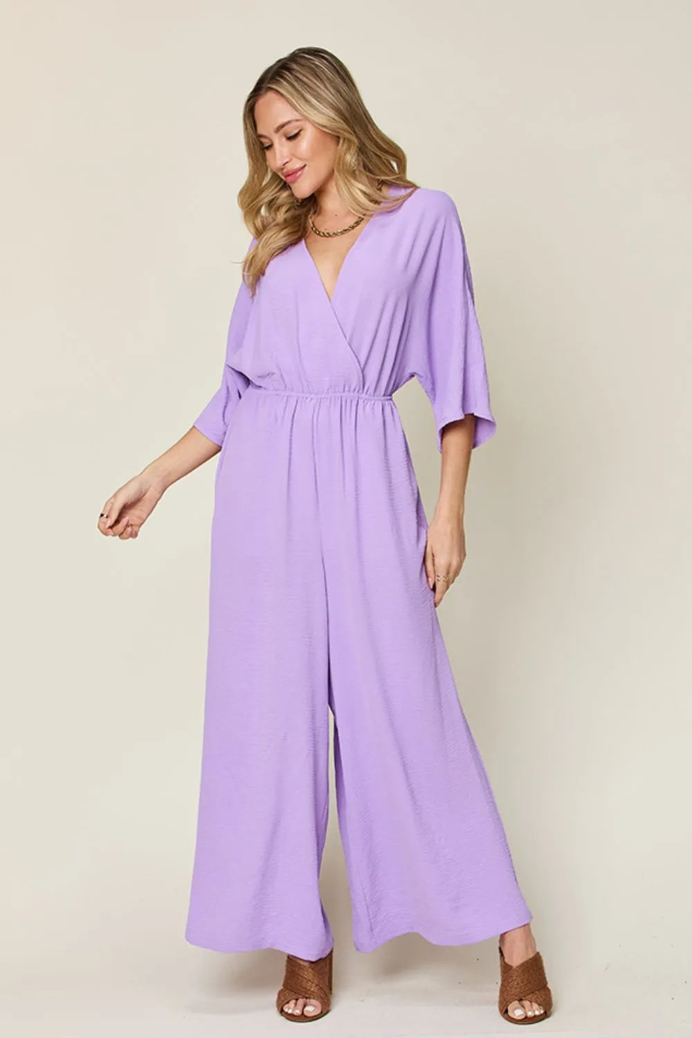 Double Take Full Size Surplice Wide Leg Jumpsuit with Pockets - Lilixa.store