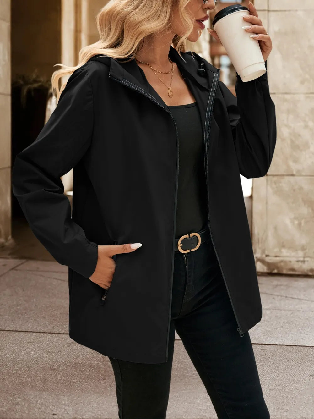 Ivy Lane Pocketed Zip Up Hooded Jacket in Black