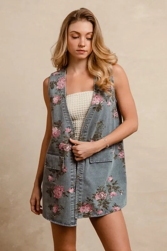 BiBi Floral Print Washed Denim Long Rider Vest, view 3