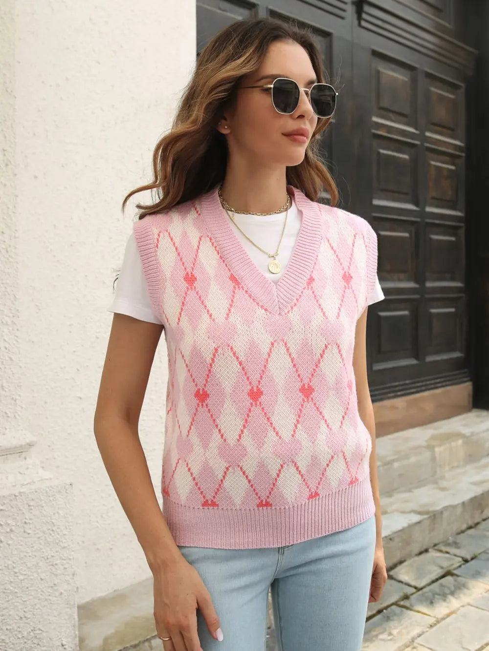 Geometric V-Neck Sweater Vest in Blush Pink, view 5