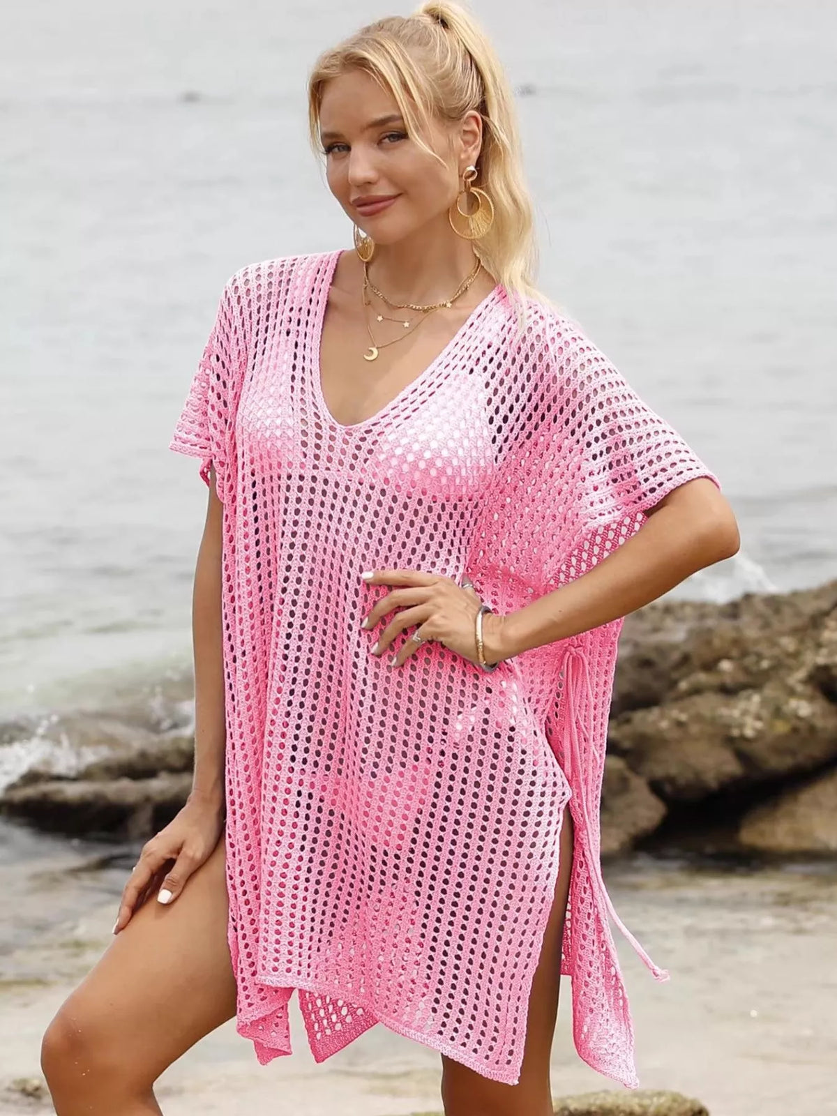 Openwork V-Neck Slit Cover-Up - Lilixa.store