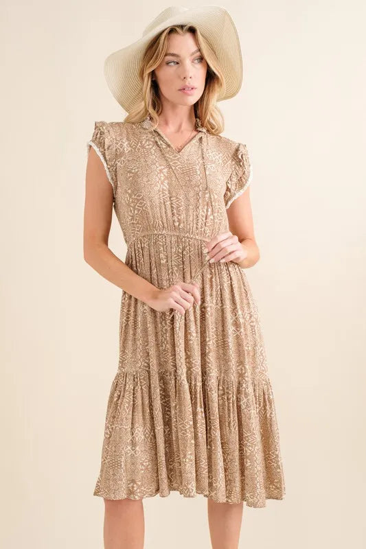 And The Why Boho Printed Tiered Maxi Dress in Taupe, view 2