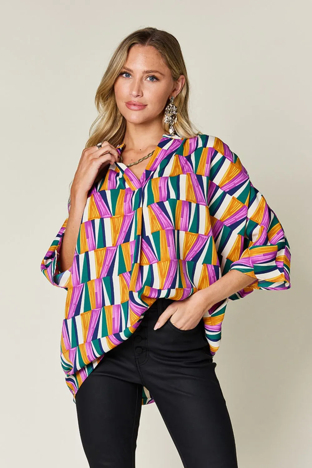 Double Take Full Size Geometric Notched Dolman Sleeve Top - Lilixa.store
