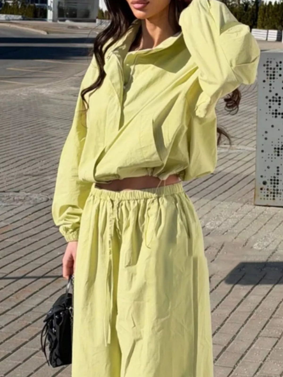 Drawstring Hem Crop Jacket and Wide-Leg Pant Set, view 6