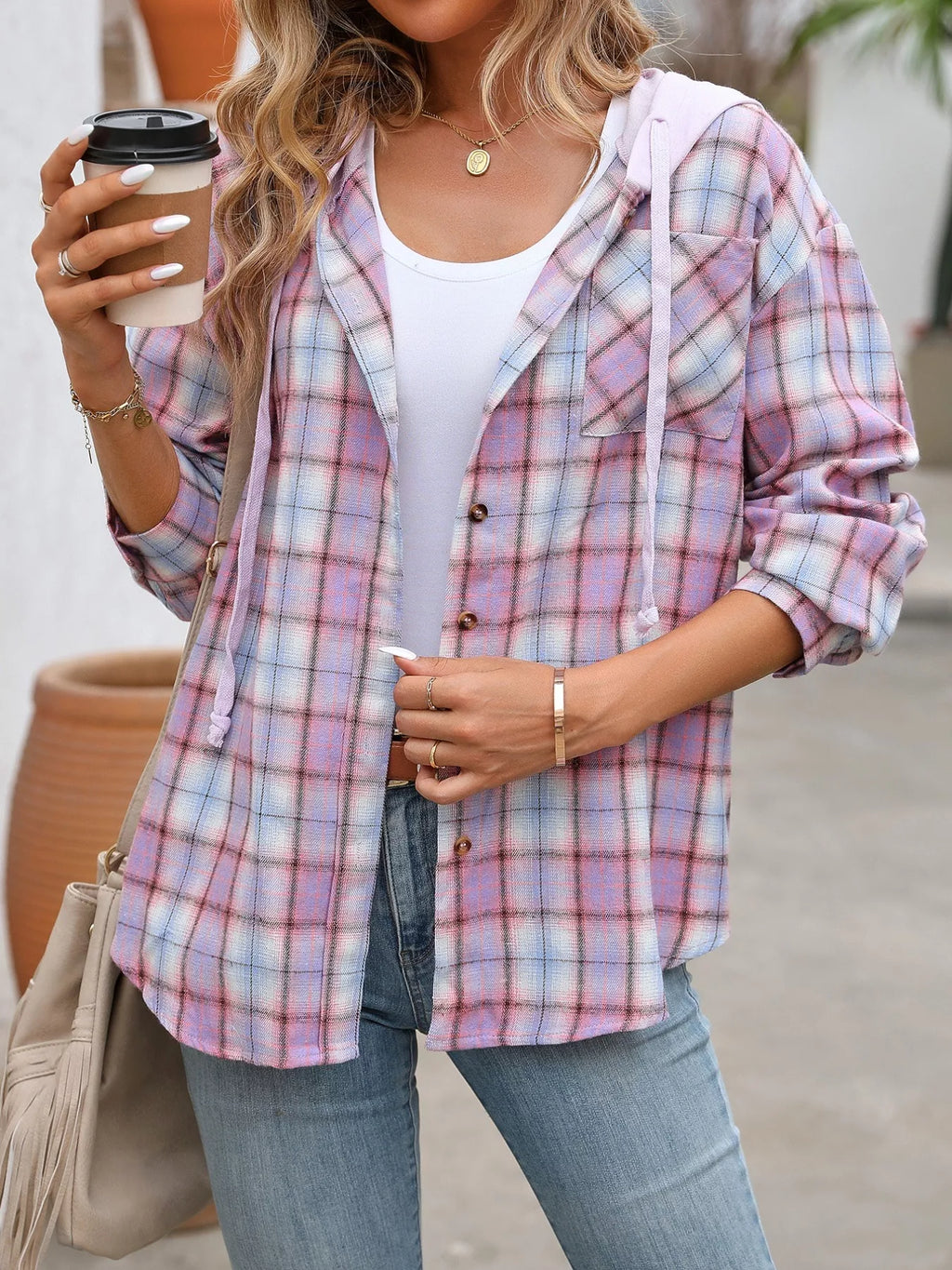 Plaid Button-Up Hooded Shirt with Chest Pocket - Lilixa.store