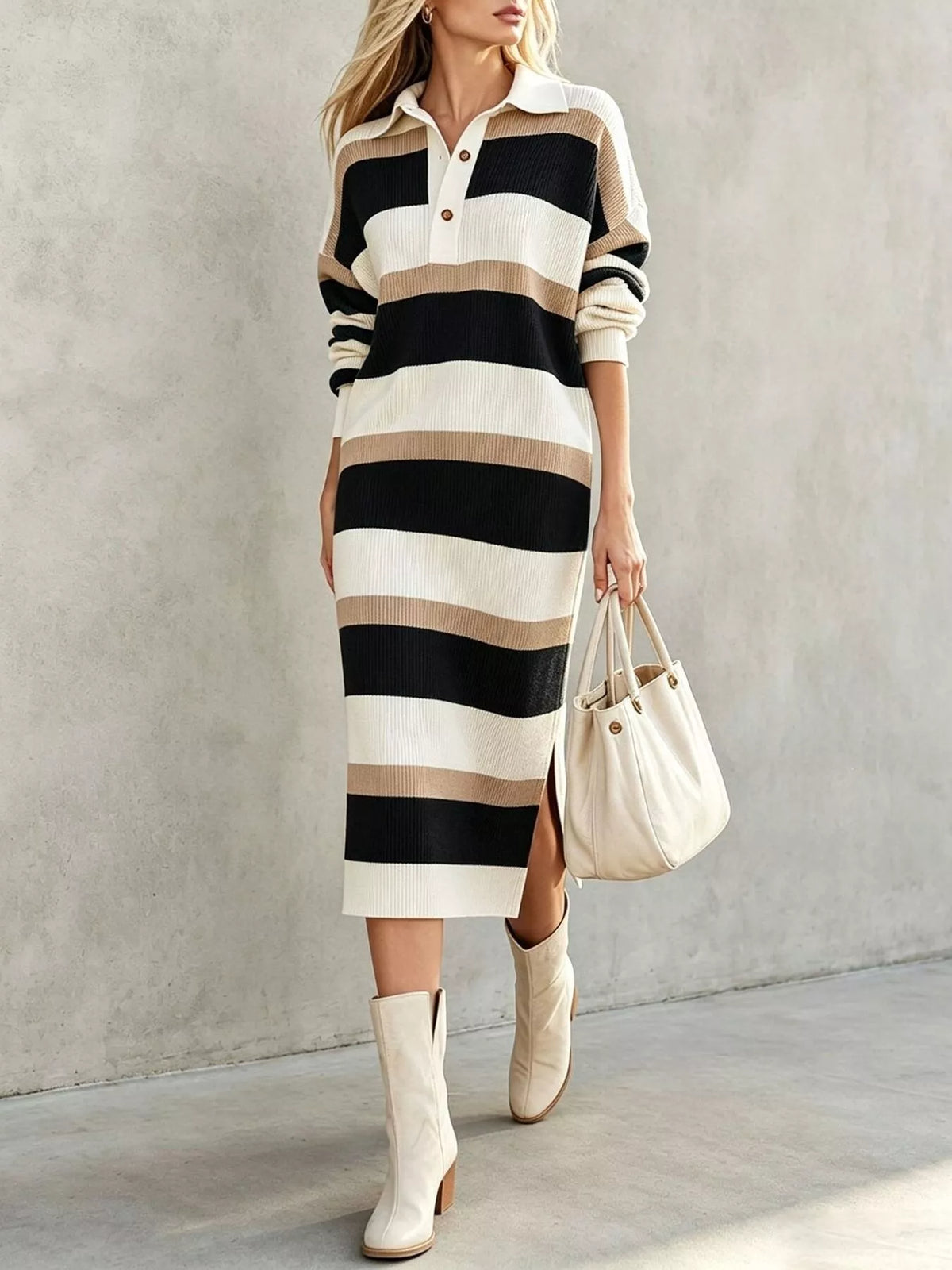 Striped Polo Collar Long Sleeve Sweater Dress