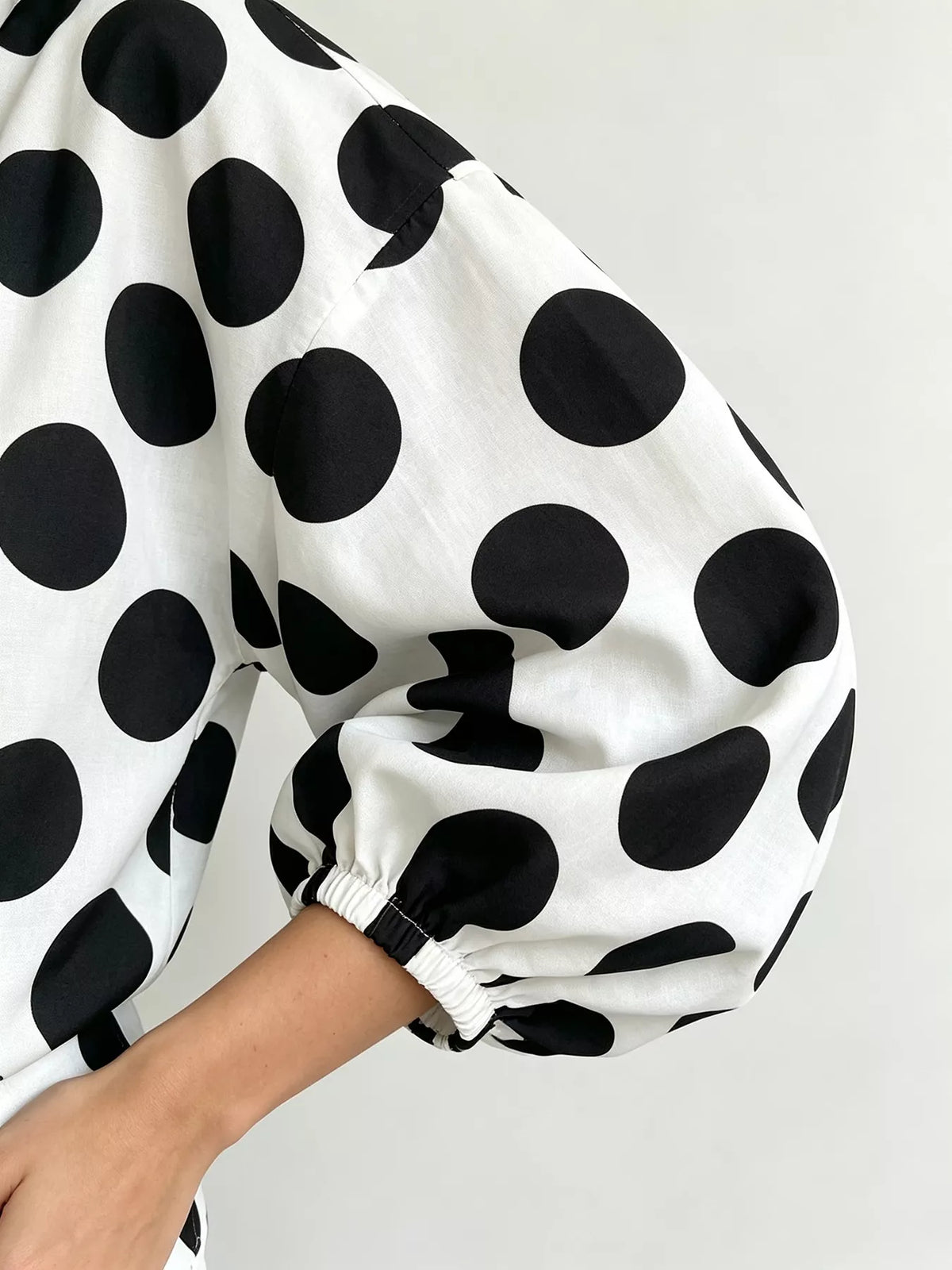 Polka Dot Puff Sleeve Shirt in Black, view 6