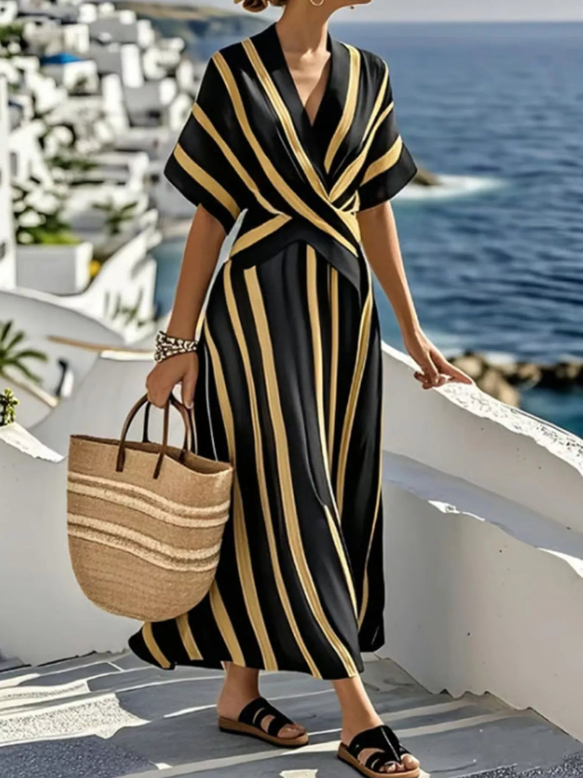 Full Size Striped Surplice Half Sleeve Midi Dress Plus Size - Lilixa.store