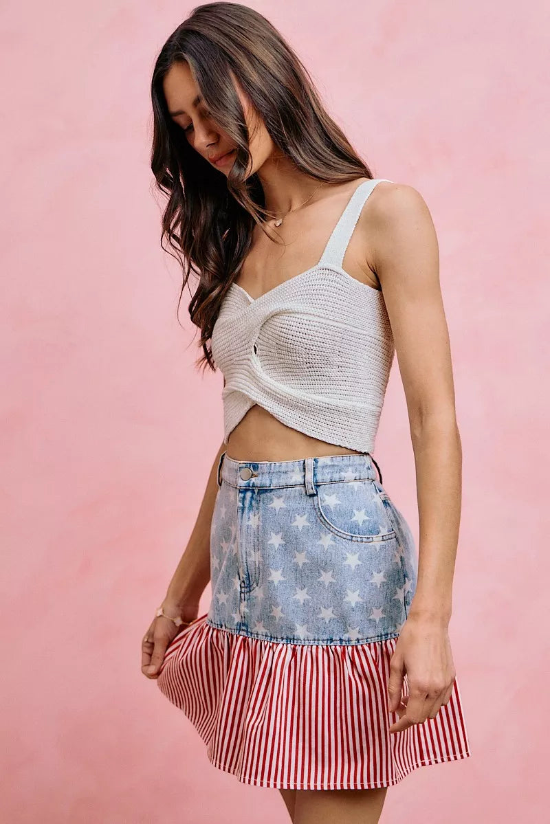 SO ME Stars And Stripes Fit And Flare Denim Mini Skirt - Lilixa.store