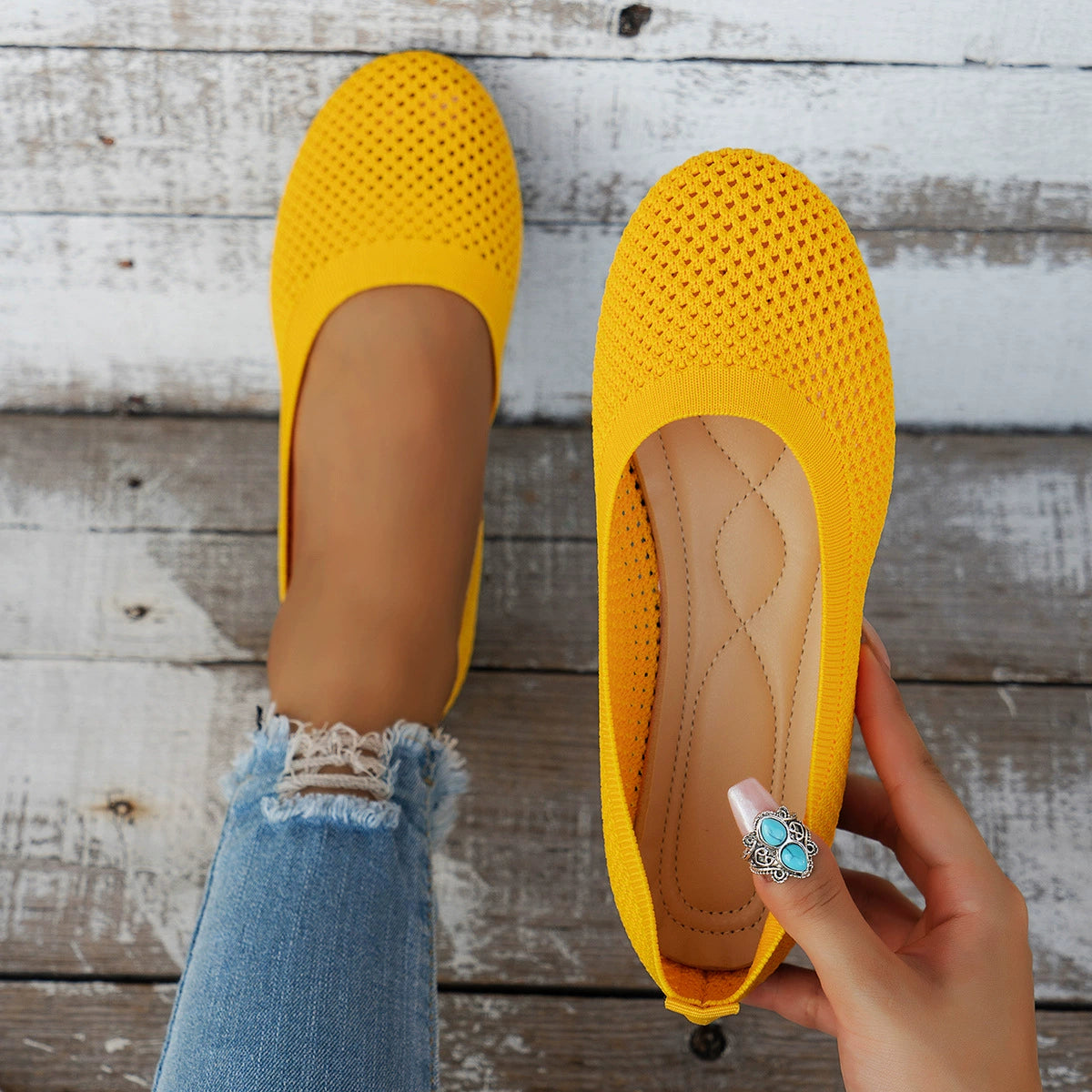 Solid Color Mesh Flat Slip-Ons in Gold