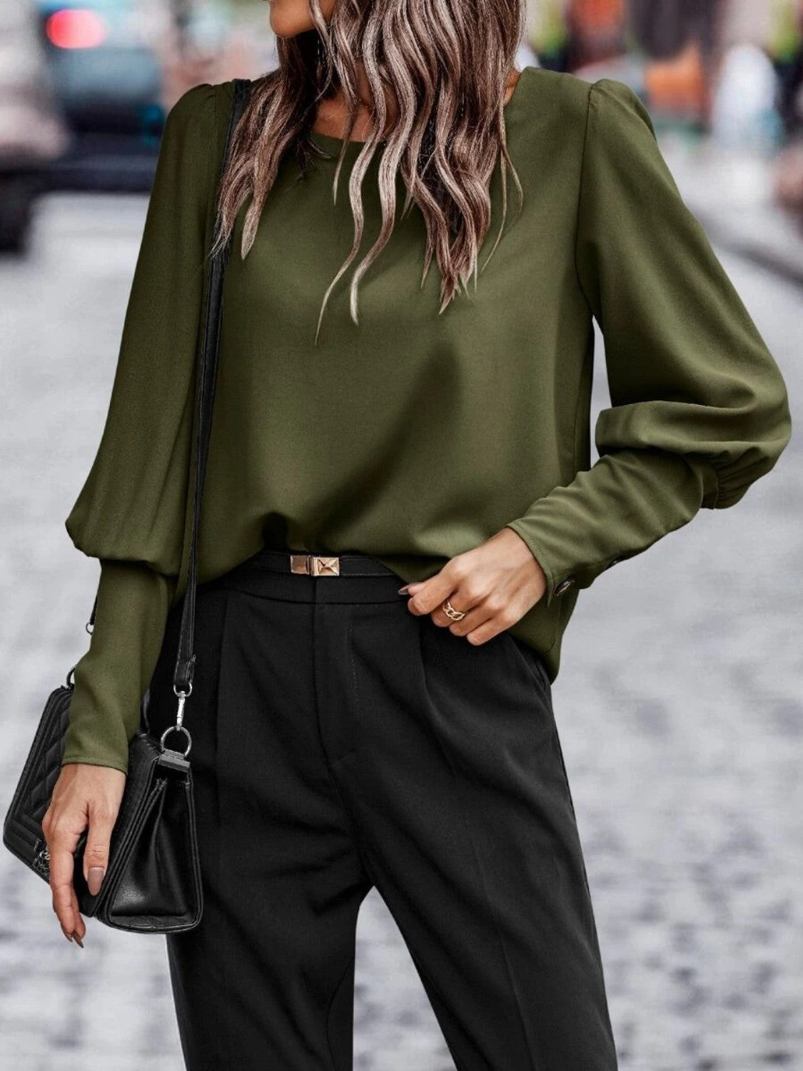 Round Neck Lantern Sleeve Blouse, view 2