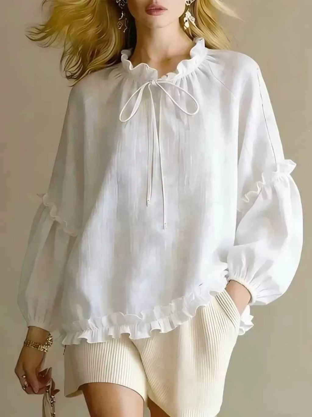 Frill Balloon Sleeve Blouse - Lilixa.store