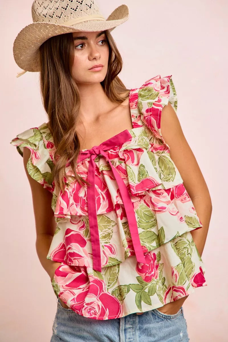 BiBi Floral Print Woven Bow Tie Ruffle Square Neck Top - Lilixa.store