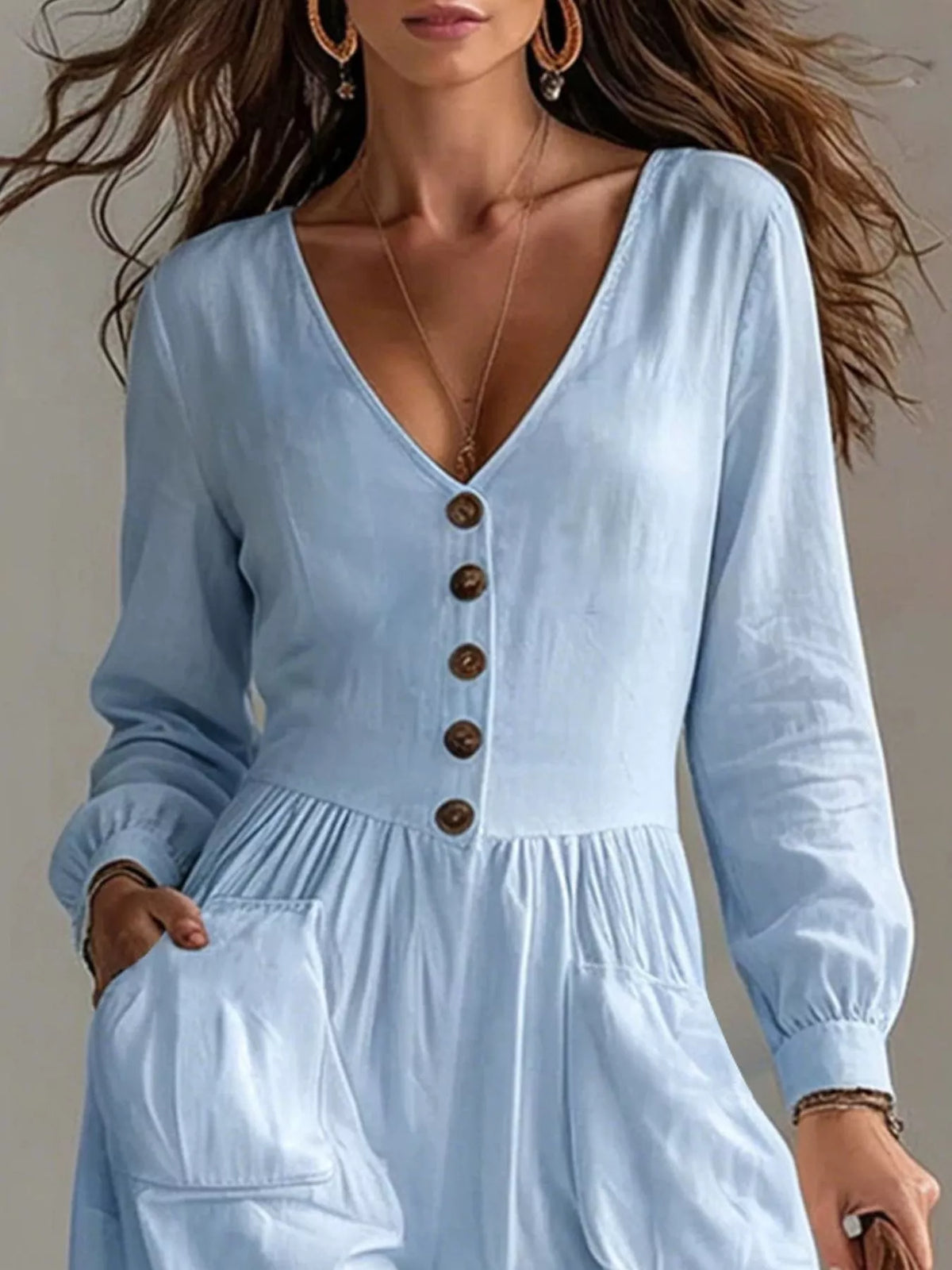 V-Neck Long Sleeve Button Front Wide-Leg Jumpsuit