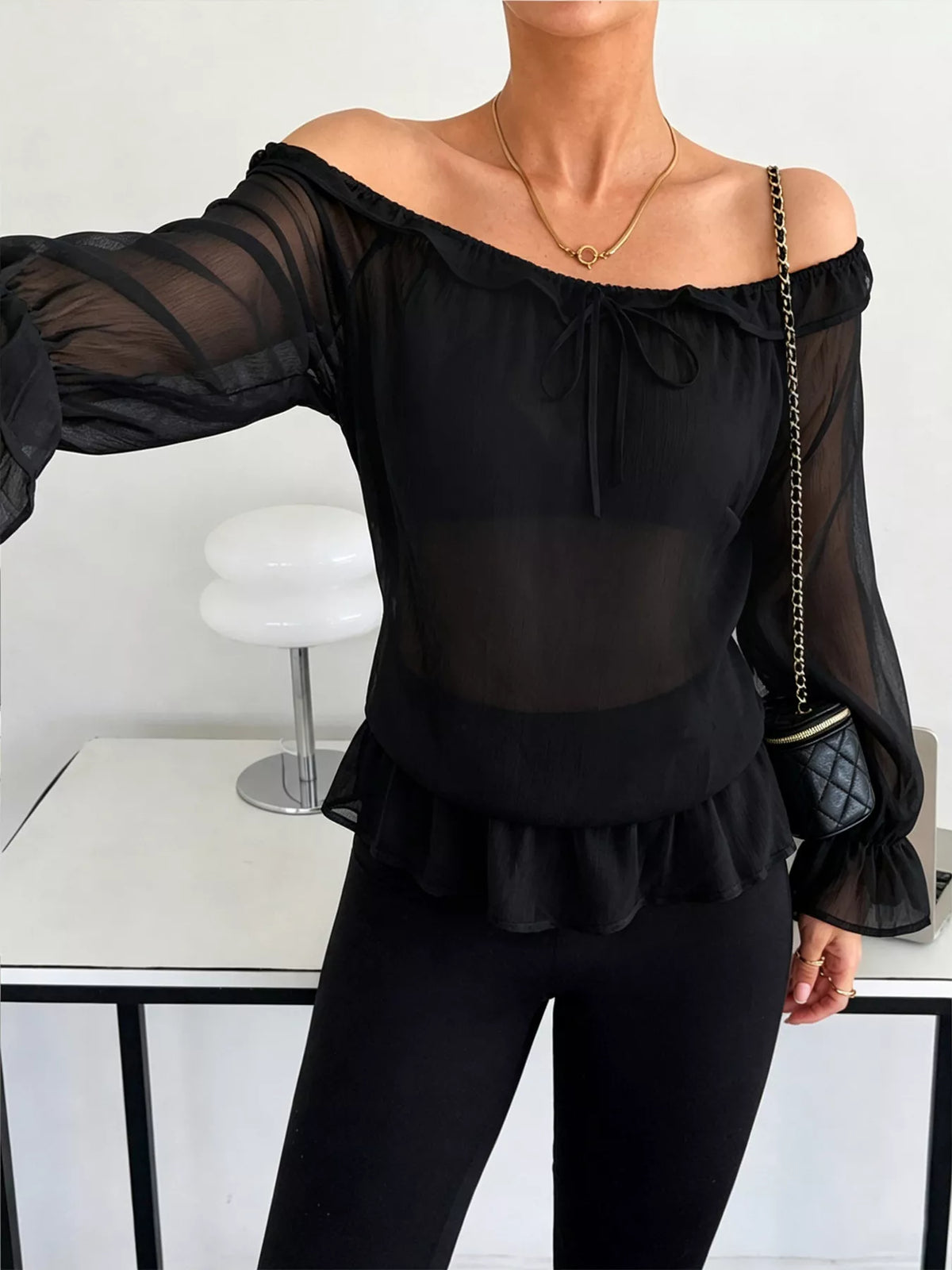 Off-Shoulder Flounce Sleeve Chiffon Blouse - Lilixa.store