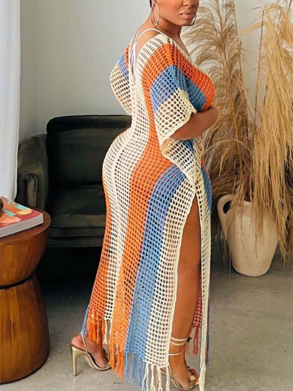 Striped Crochet Cover-Up Dress with Fringe - Lilixa.store