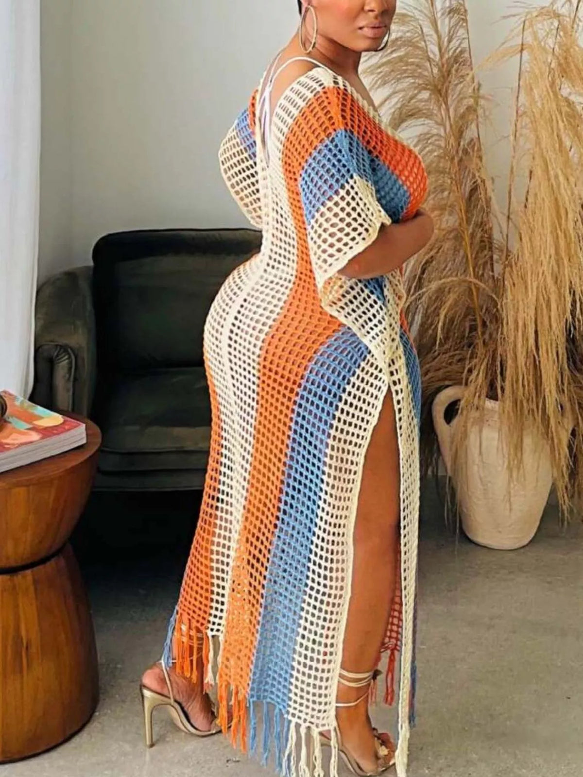 Striped Crochet Cover-Up Dress with Fringe - Lilixa.store