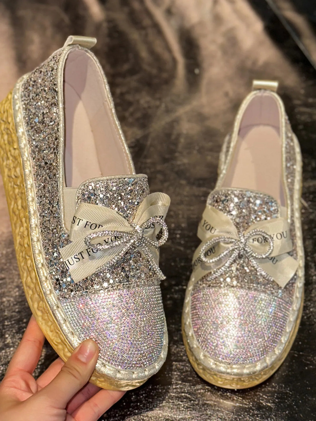 Rhinestone Bow Round Toe Slip-Ons, view 3