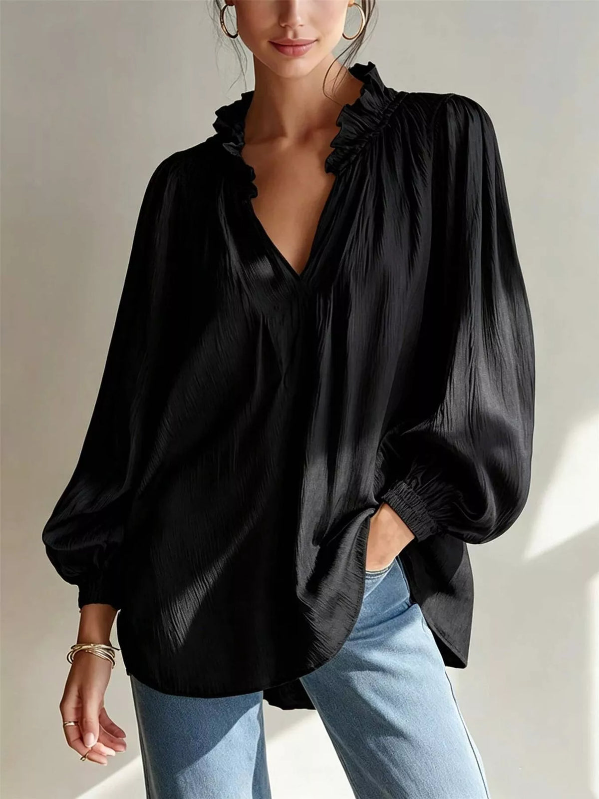 Ruffle Trim Long Sleeves Blouse - Lilixa.store