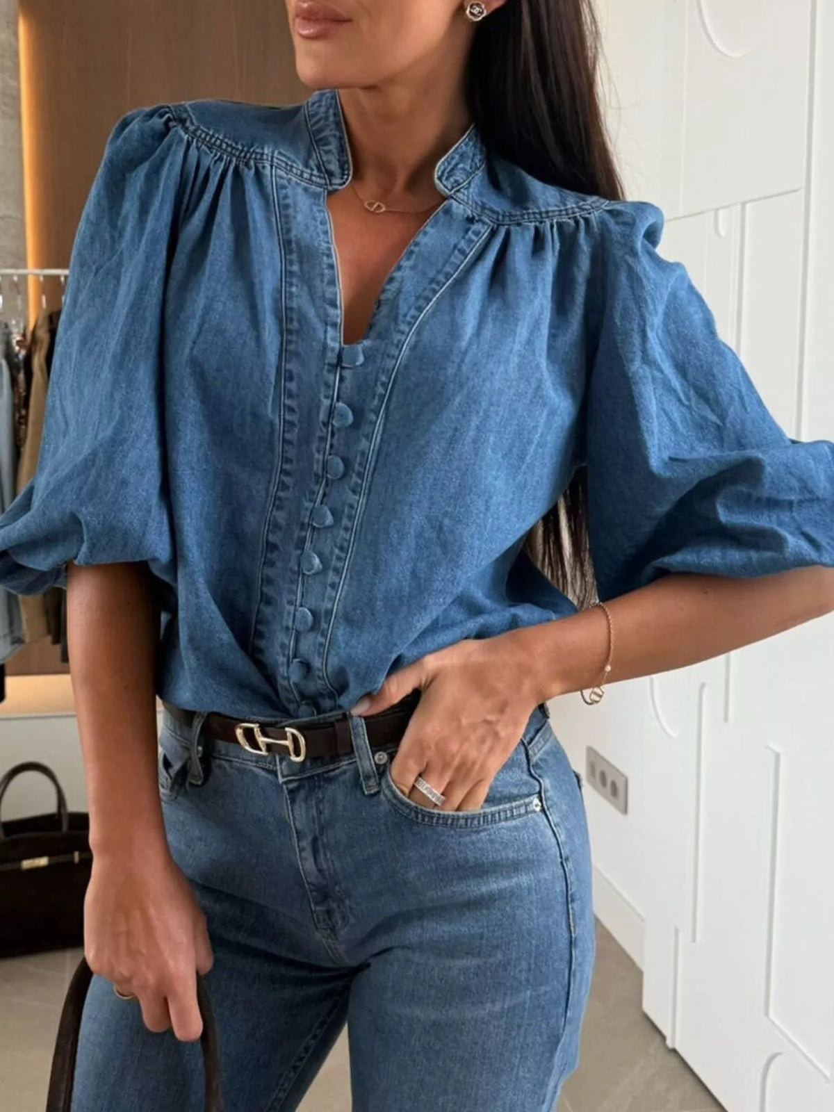 Puff Sleeve Button Front Denim Top - Lilixa.store