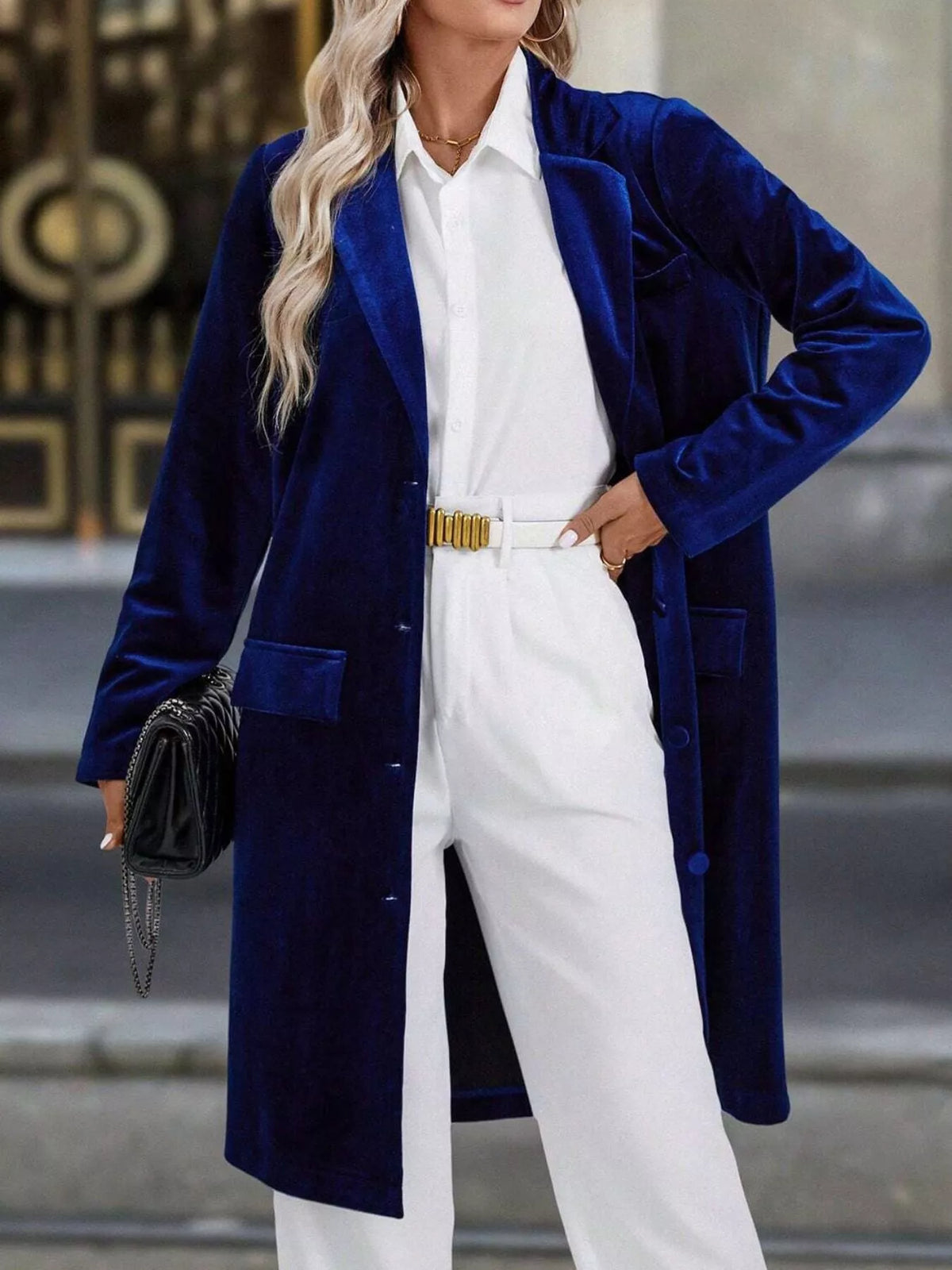 Lapel Collar Long Sleeve Longline Coat in Dark Blue