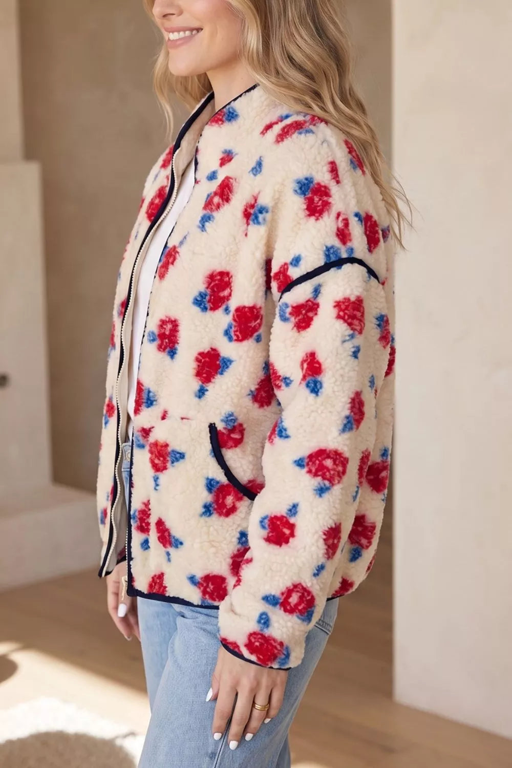 Floral Print Zipper Stand Neck Outerwear Fleece Coat in Scarlet, view 2