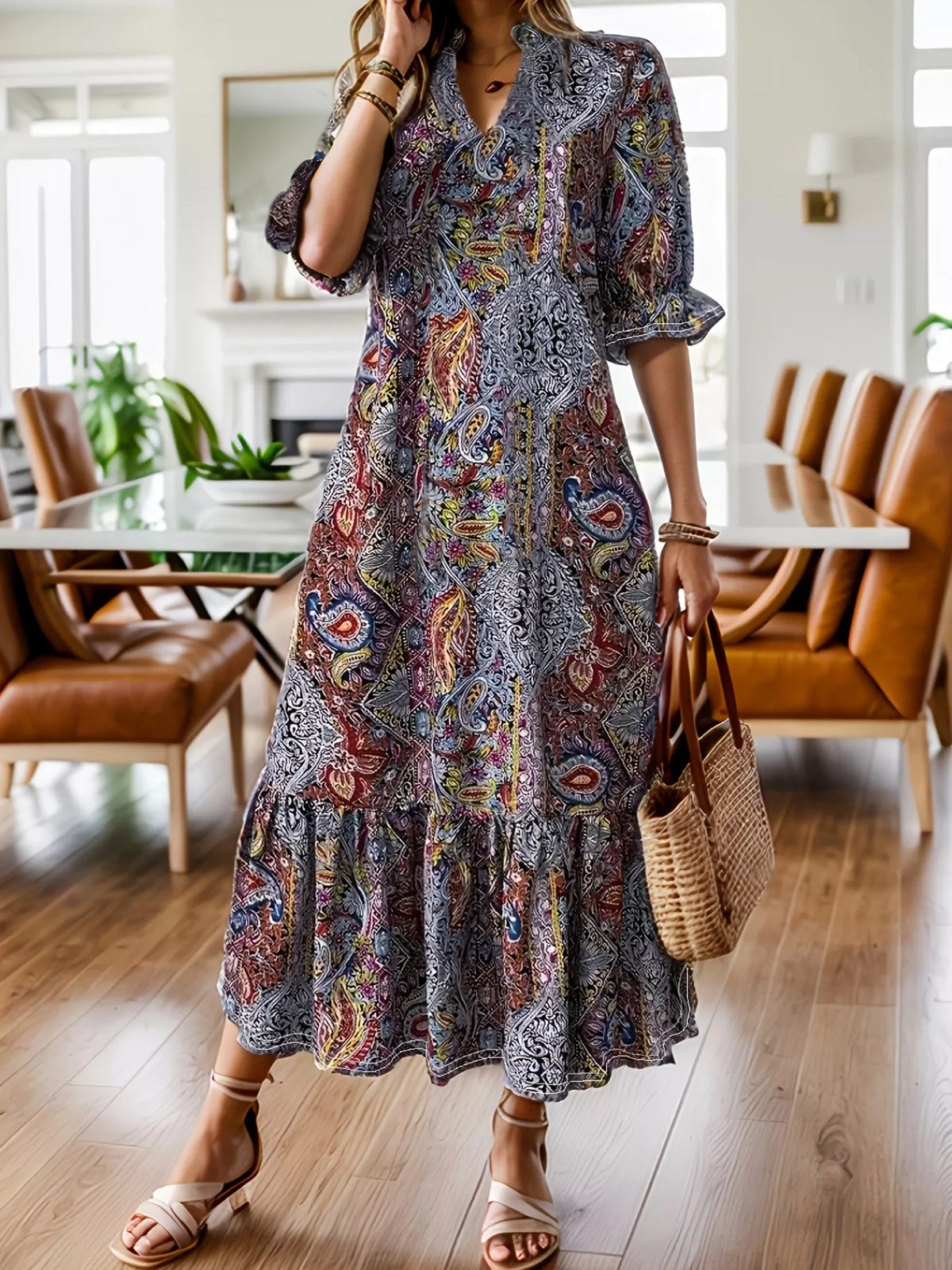 Full Size Bohemian Paisley Print Ruffle Hem Midi Dress Plus Size - Lilixa.store