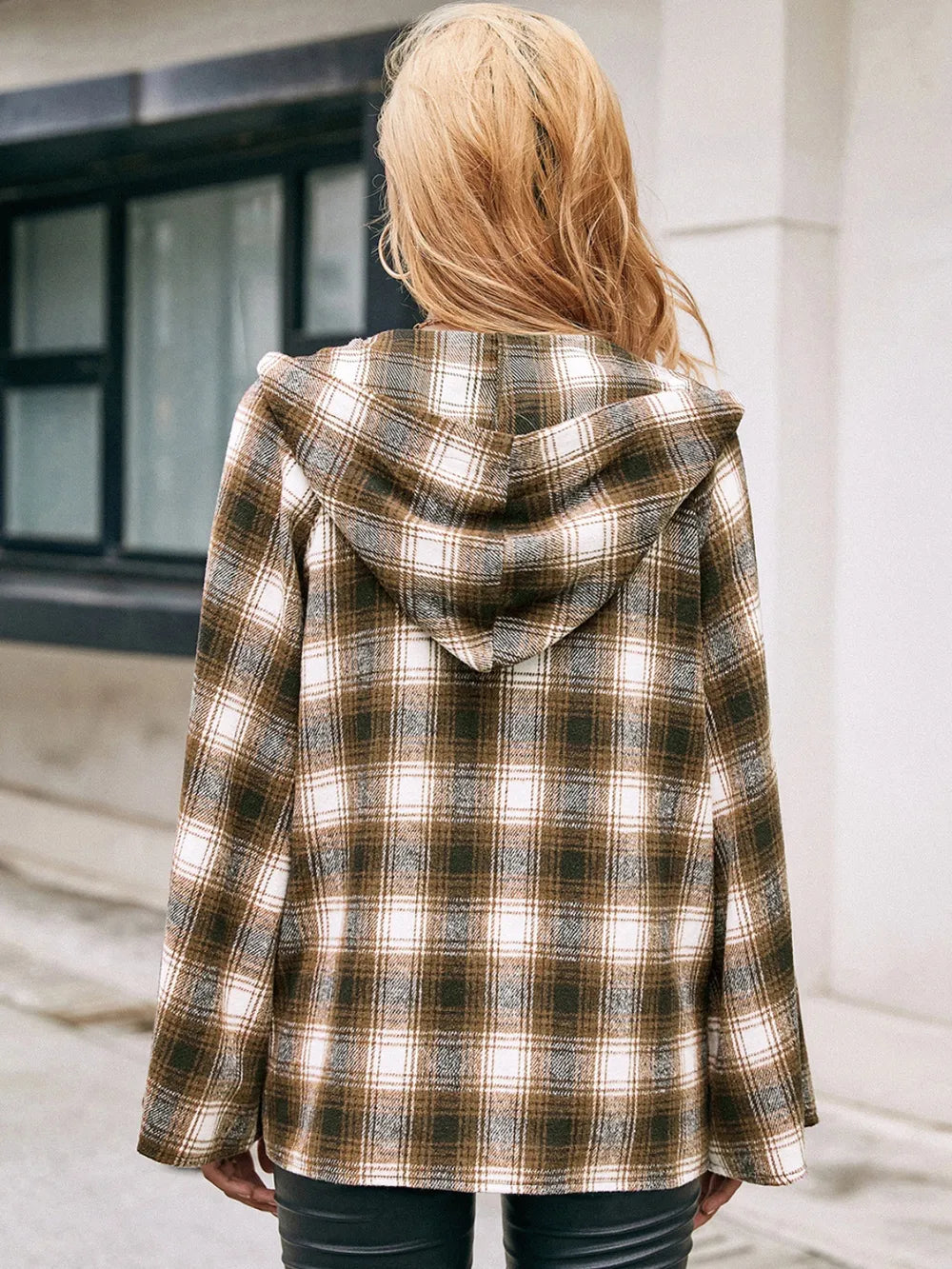 Ivy Lane Pocketed Plaid Long Sleeve Hooded Jacket in Camel, view 2