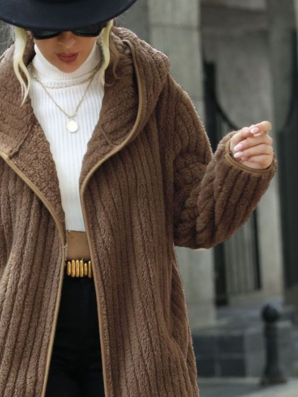 Open Front Ribbed Hooded Coat - Lilixa.store