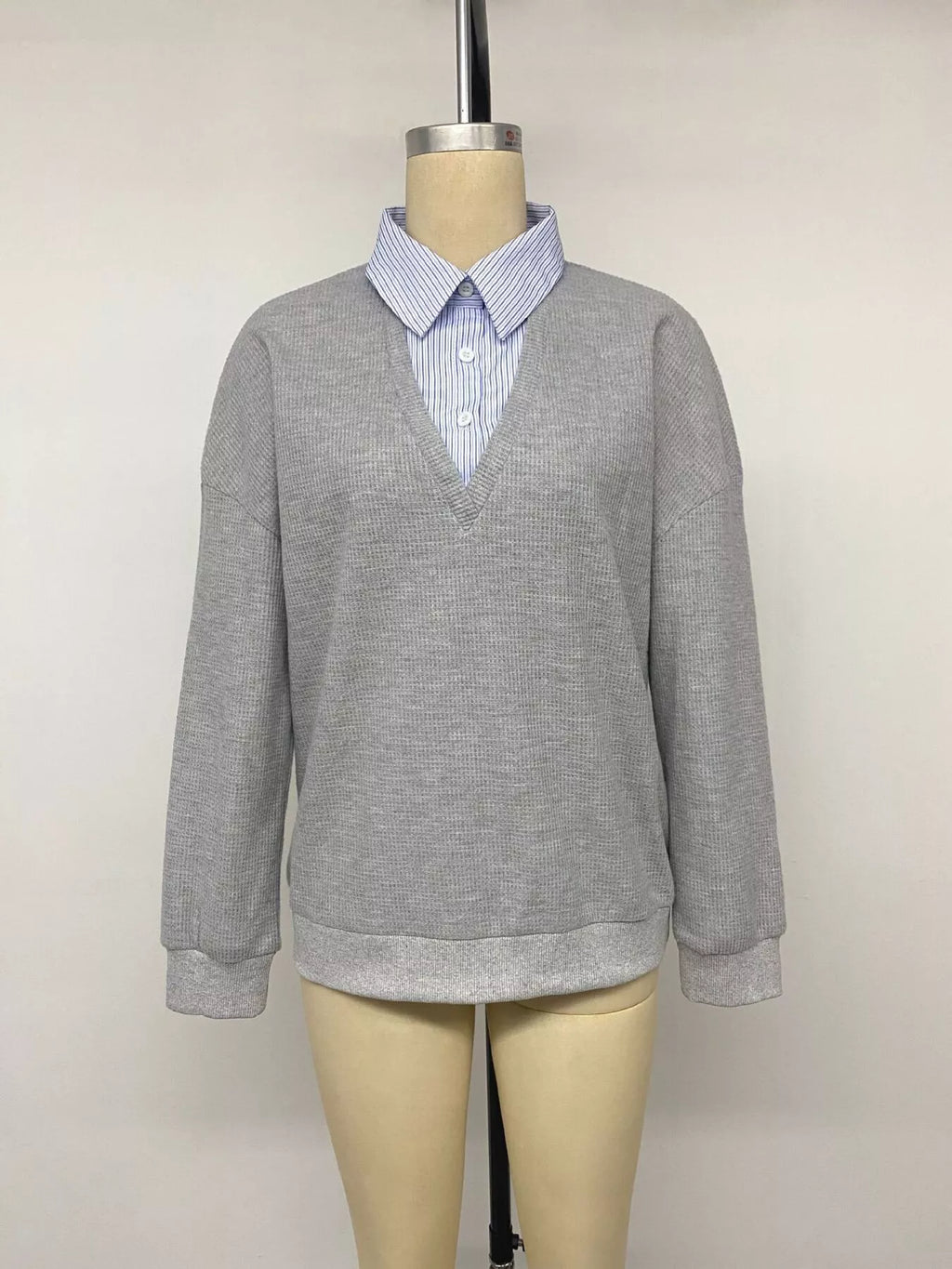 Striped Collar Dropped Shoulder Sweatshirt - Lilixa.store