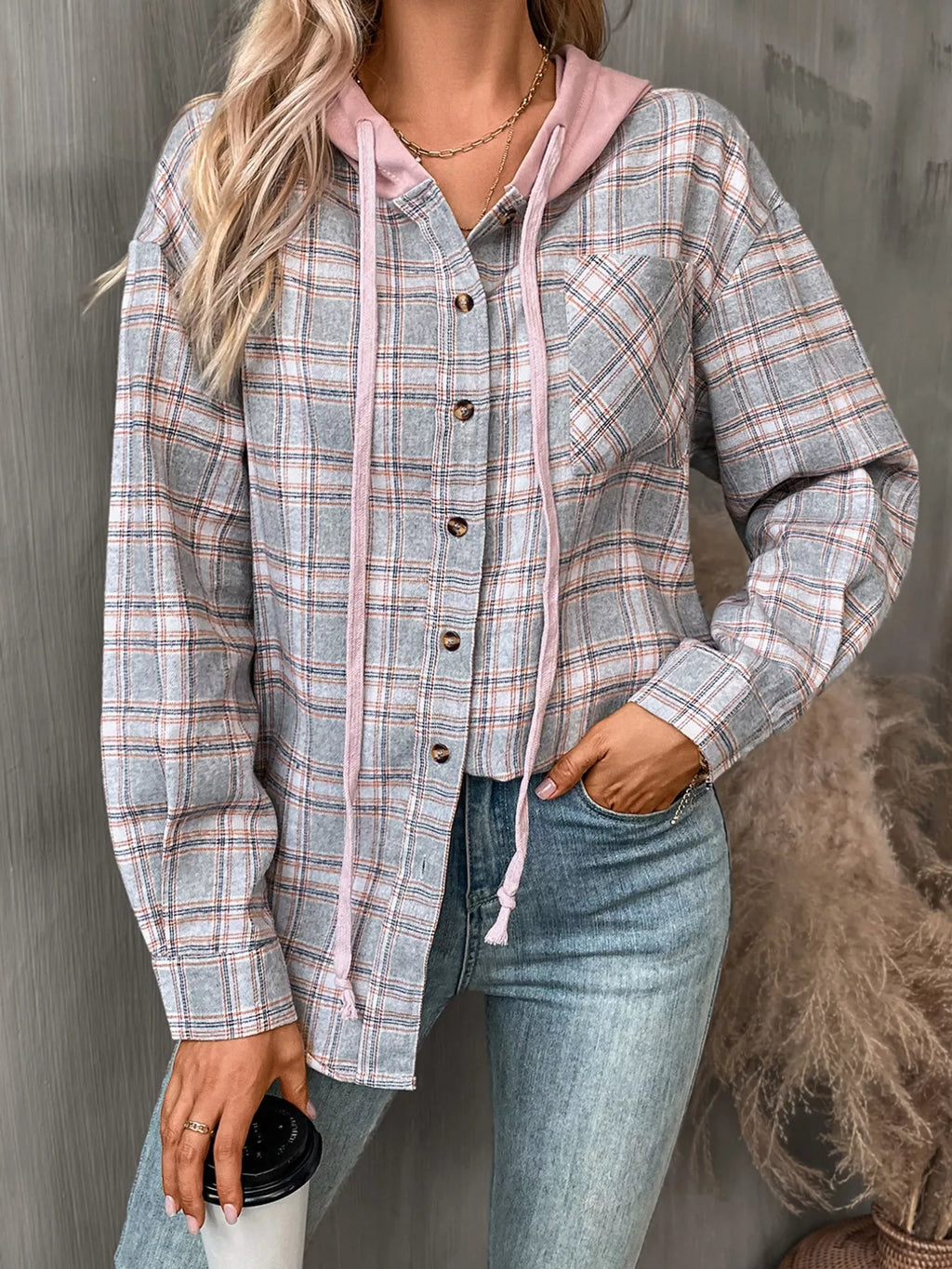 Plaid Button-Up Hooded Shirt with Chest Pocket - Lilixa.store