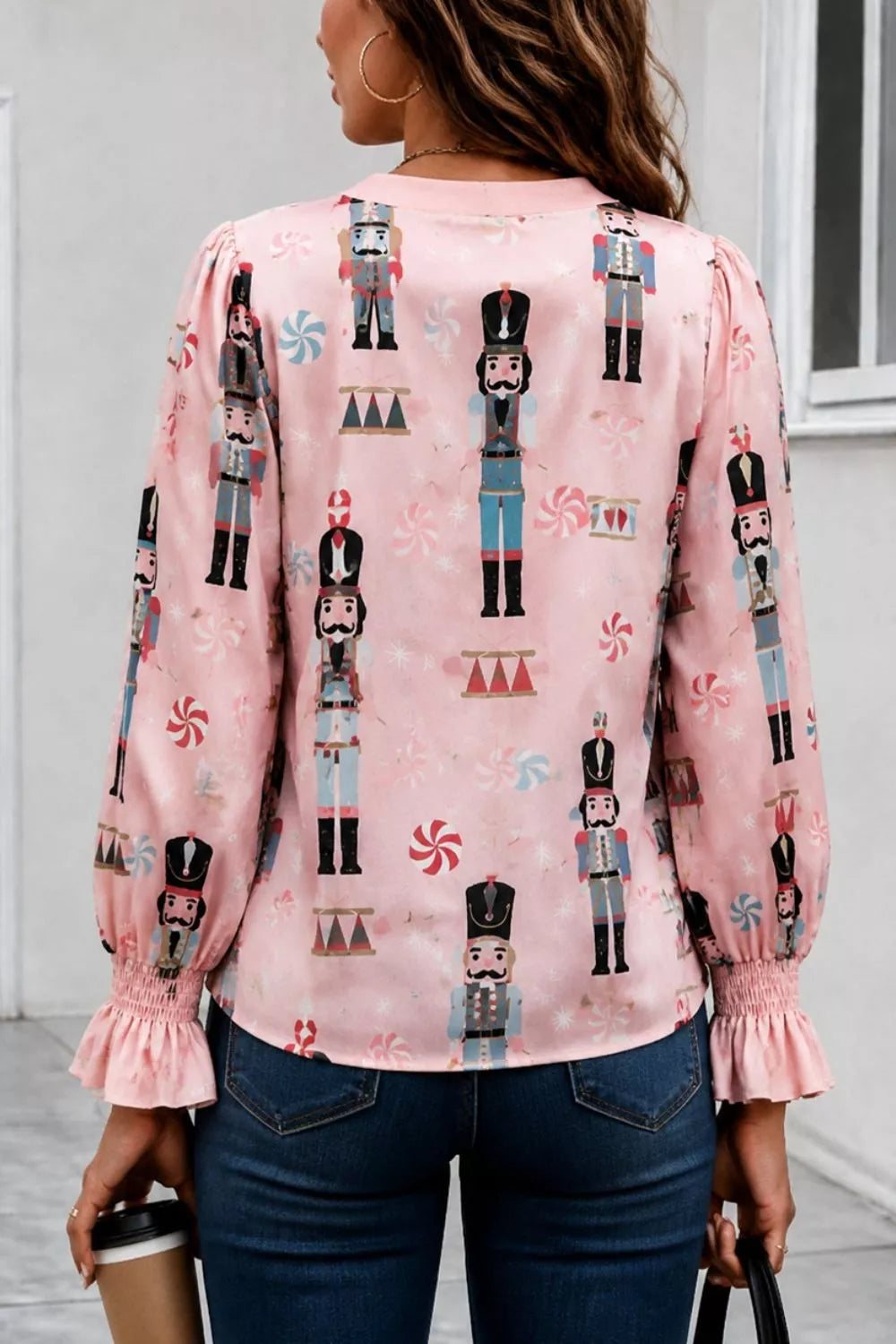Nutcracker Print Notched Flounce Sleeve Blouse in Blush Pink, view 2